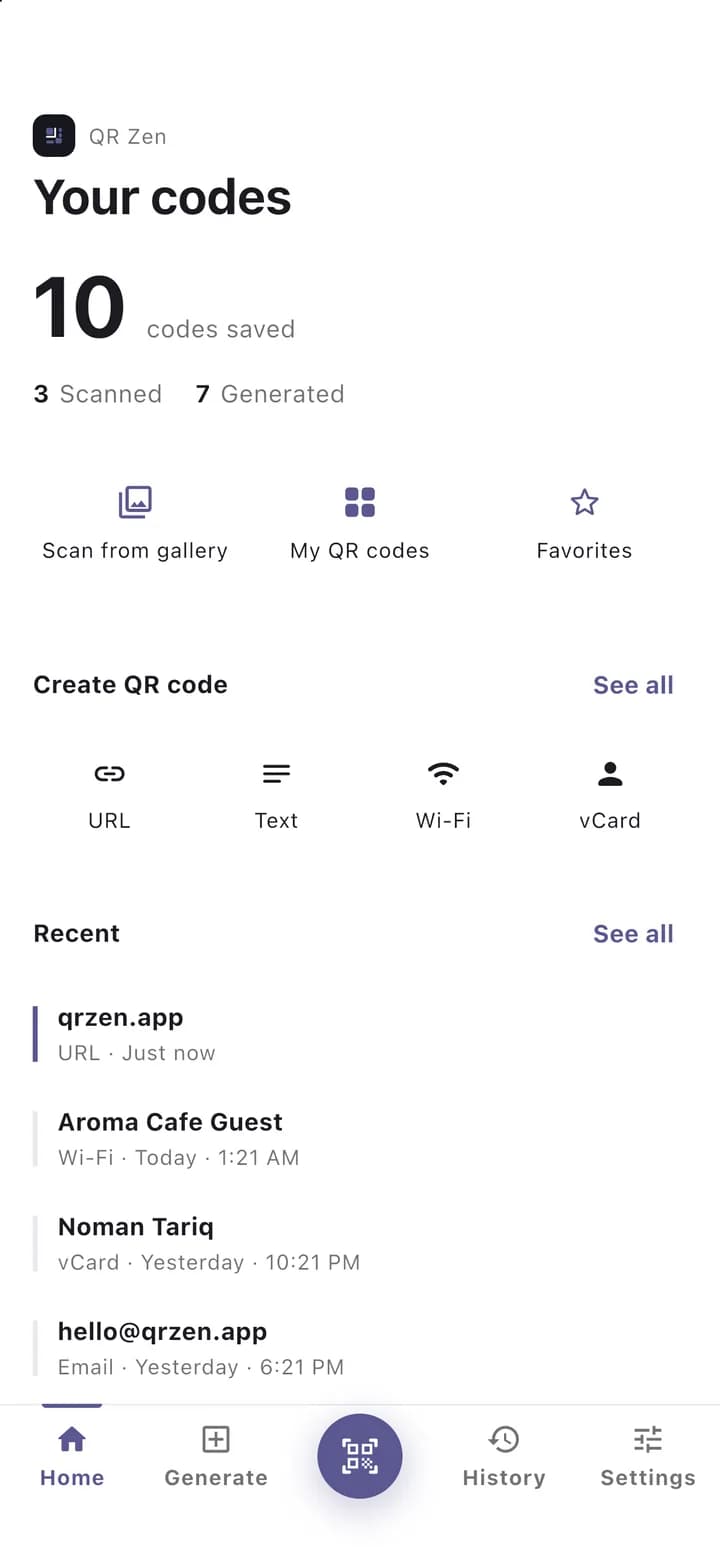 QR Zen home screen showing saved codes and quick create shortcuts