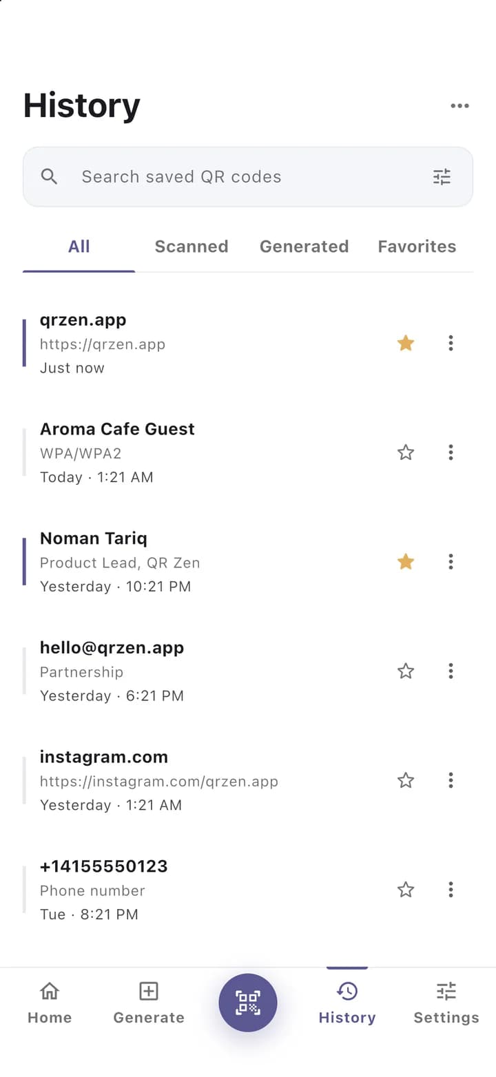 Searchable history of scanned and generated codes