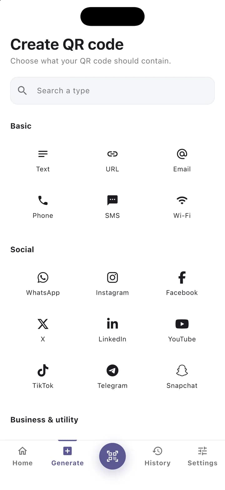 Grid of the 21 QR code types QR Zen can create