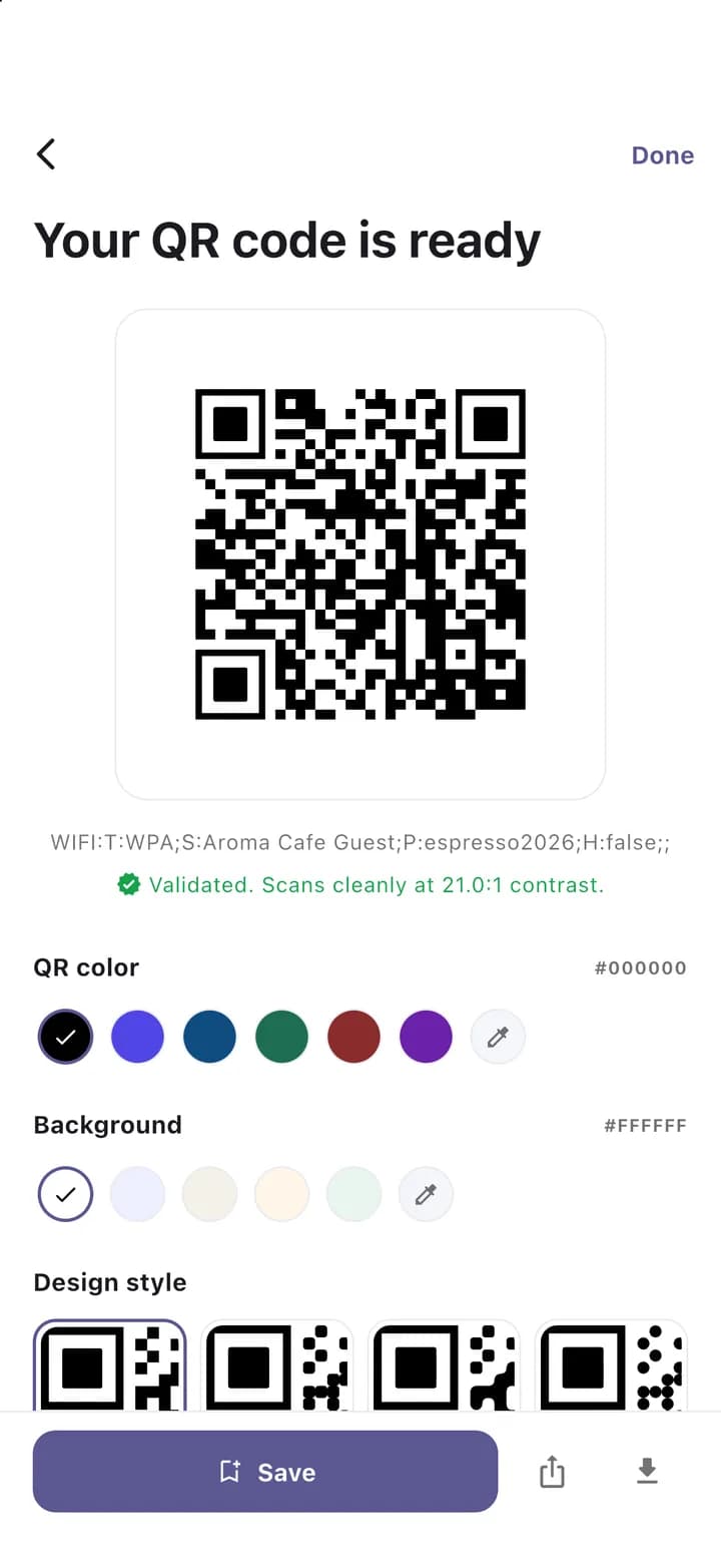 QR code preview with colour, shape and logo controls
