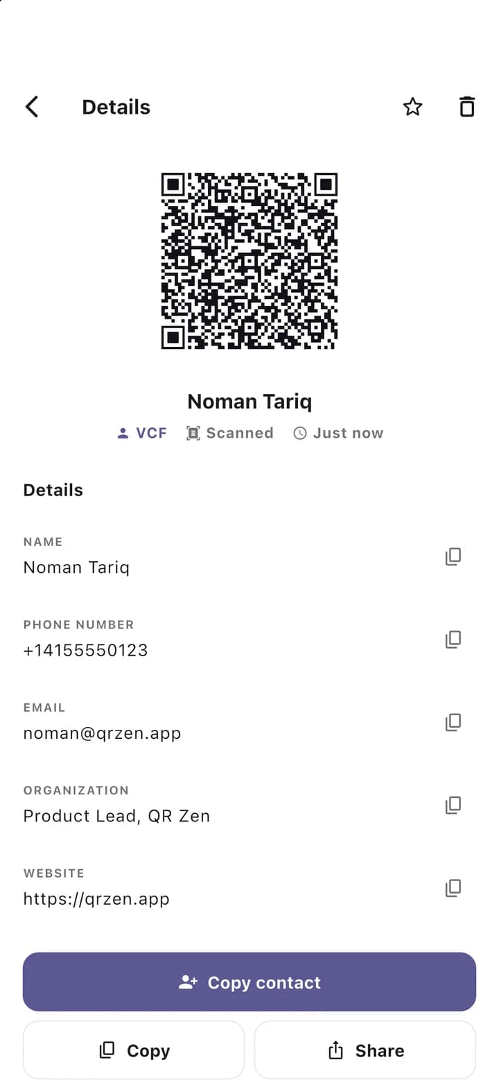 Scanned contact card parsed into name, phone, email and website