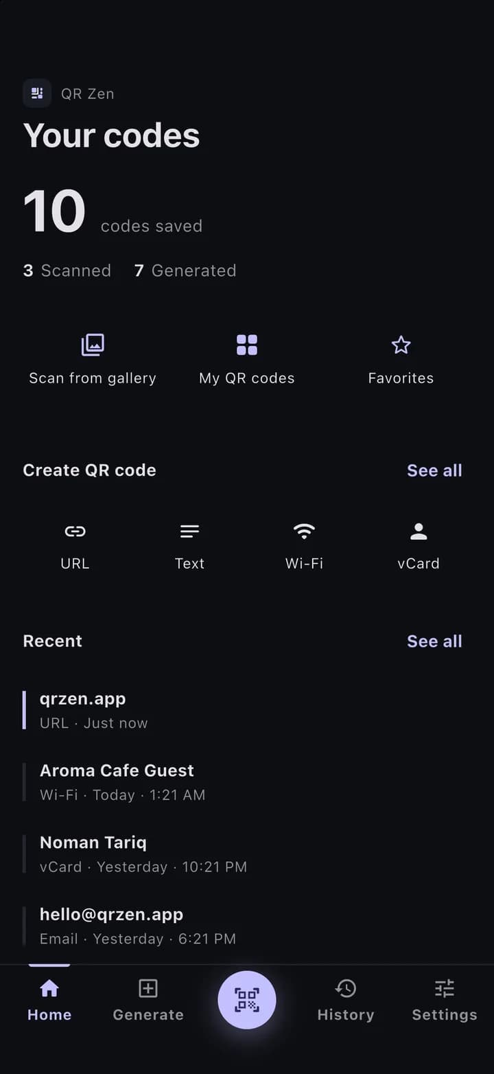 QR Zen home screen in dark mode